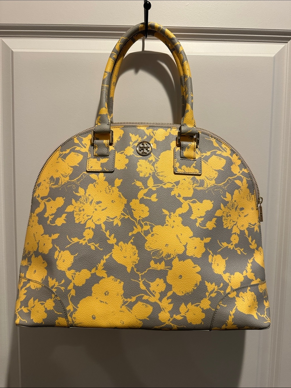 Tory Burch Gray and Yellow Floral Dome Satchel with Logo